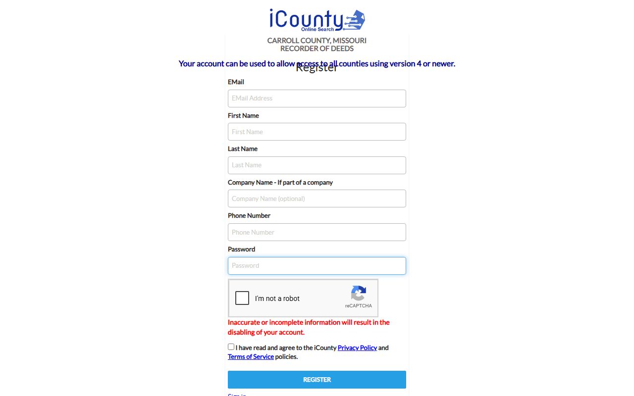 Carroll County Circuit Clerk Recorder iCounty account registration